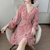 2021 spring new fashion V-neck floral skirt Long Sleeve Chiffon Dress