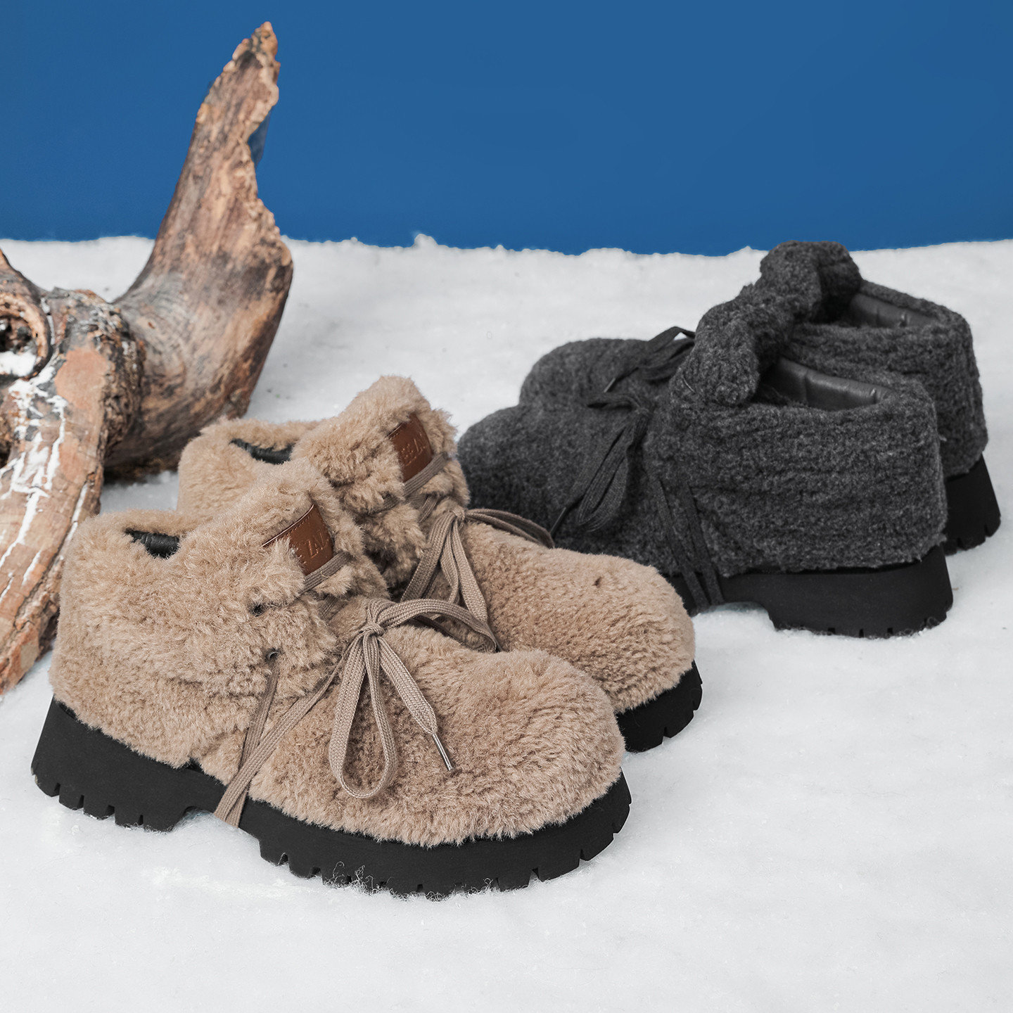 3970贝拉羊毛成分雪地靴男士小众大头鞋冬季加绒加厚抗寒棉鞋低帮