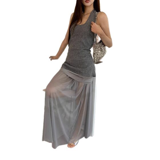 A-Line Skirt for Women 2025 Summer New Style Niche Long Skirt Gray Hip-Covering High-Waist Slim Chiffon Skirt