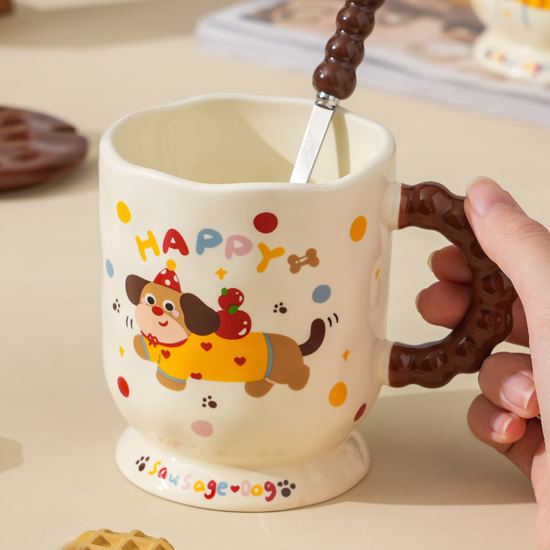 かわいいダックスフントセラミックカップ家庭用飲料マグ蓋スプーンオフィスセラミックミルクカップギフトウォーターカップ|undefined