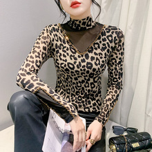豹纹印花t恤女长袖秋冬欧洲站半高领网纱拼接钉珠修身打底衫上衣