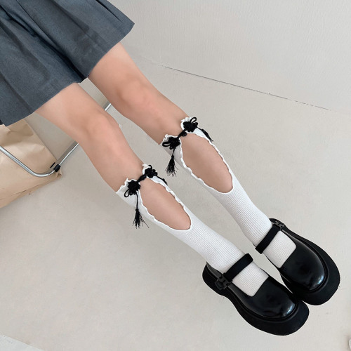 Millennial hottie y2k Chinese style buckle tassel hollow fungus mid-calf socks Japanese jk fashionable calf socks for women