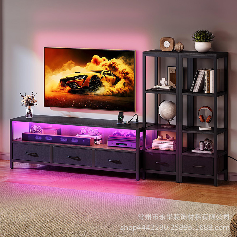 Cross-Border Hot-Selling Living Room Tv Cabinet with Plug-In Lamp with Multi-Functional Cupboard Storage Rack Shelf Source Factory Wholesale