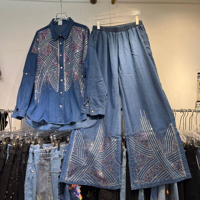 European Heavyweight 2025 Summer New High-End Beautiful Studded Denim Shirt Top + Fashionable Slimming Look Wide-Leg Pants