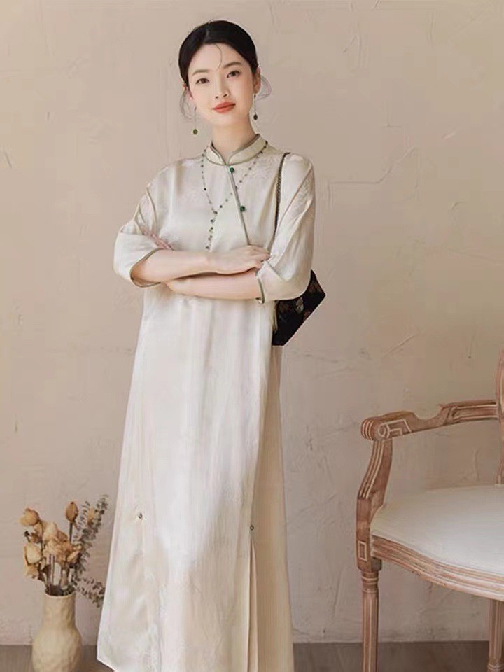 Đầm suông midi sườn xám cách tân cổ điển Trung Hoa dáng quả lê trắng — Váy liền màu trắng