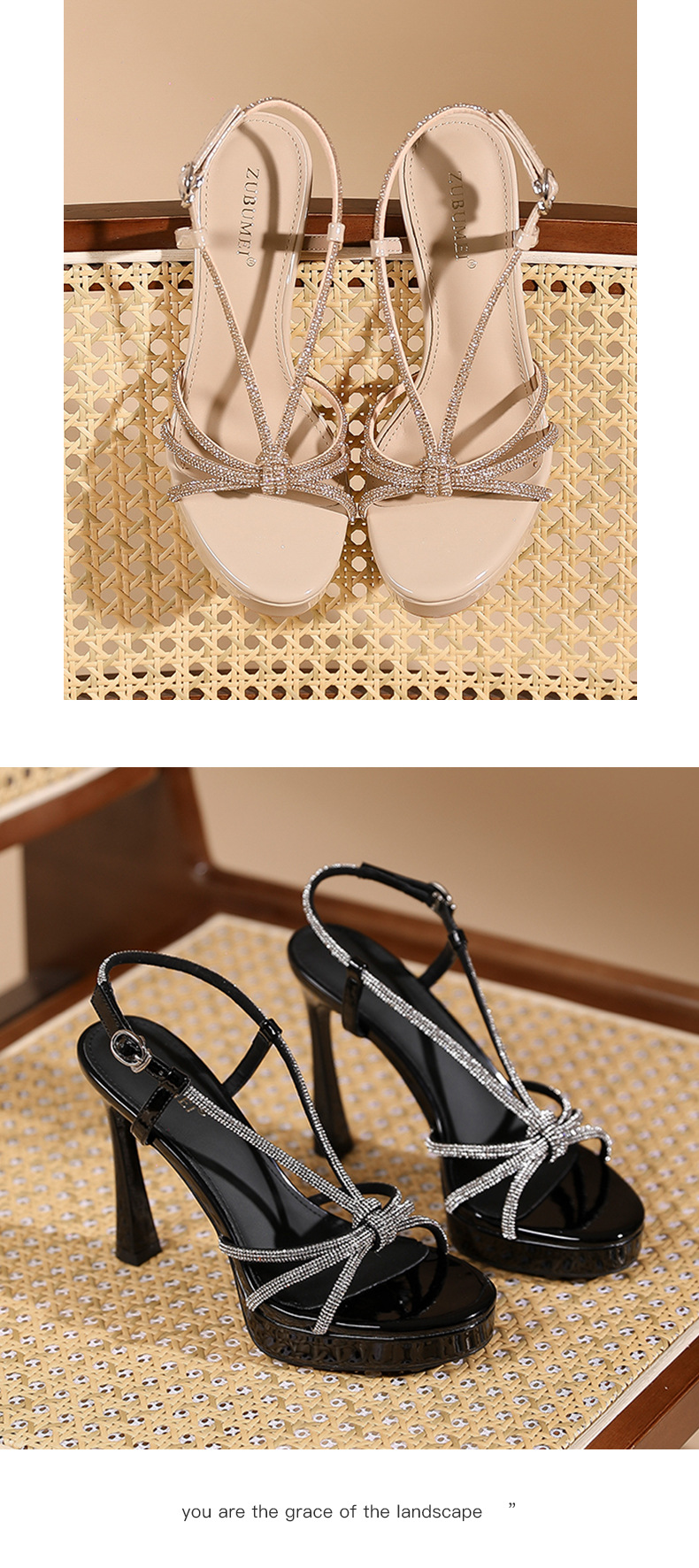 Sandal cao gót nữ quai ngang phong cách Pháp, gót nhọn 11 cm, đế platform — Màu nude - 11cm chi tiết 8