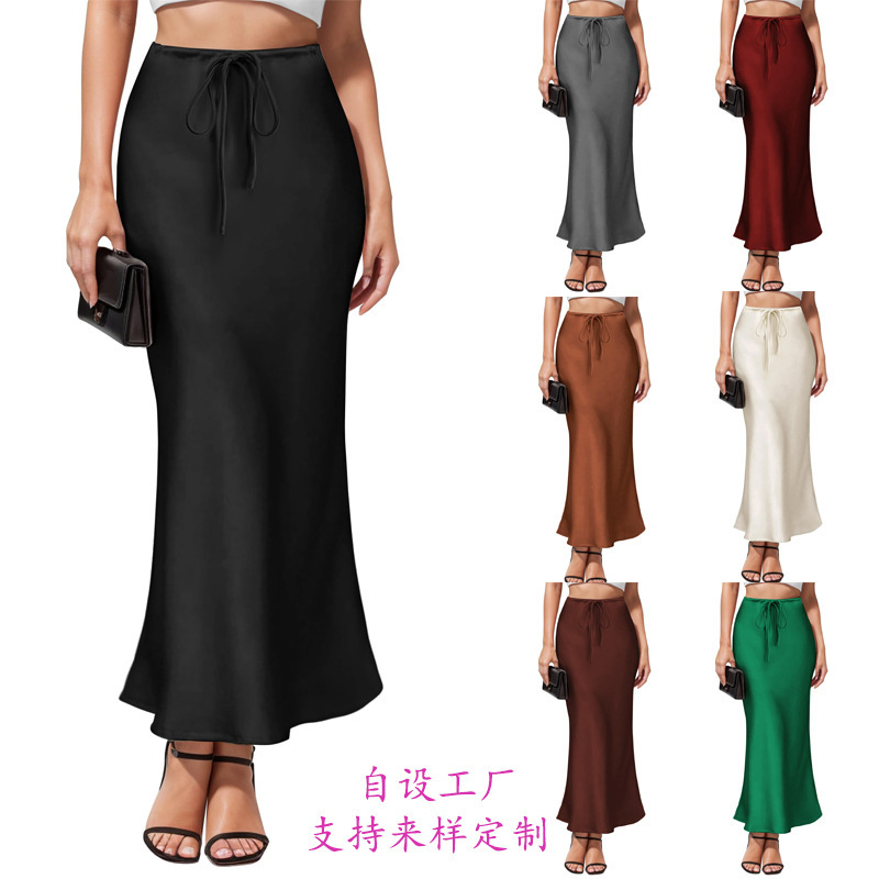 Intellectual Asymmetrical Acetate Satin Skirt European and American Elegant Summer High-Waisted Mid-Length Hip-Covering Fishtail Long Skirt for Women Intellectual Asymmetrical Acetate Satin Skirt European and American Elegant Summer High-Waisted Mid-Length Hip-Covering Fishtail Long Skirt for Women
