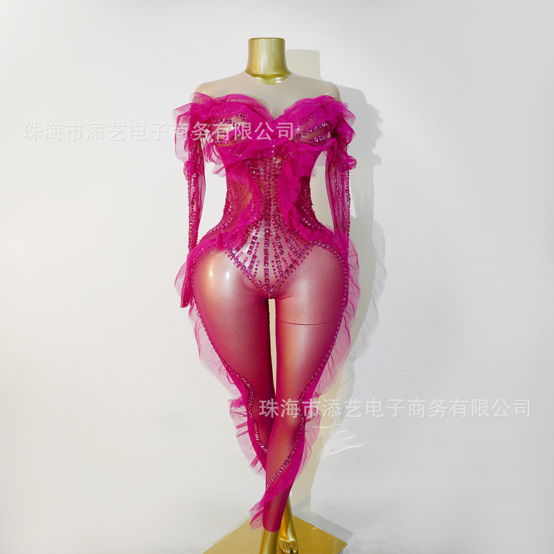 New European and American Style Rose Red Rhinestone Mesh See-Through Jumpsuit Evening Party Birthday Latin Dance Performance Dress Cross-Border