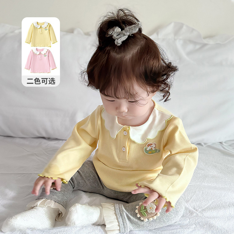 2025 Girls Korean Doll Collar Shirt Autumn Baby T-Shirt Spring and Autumn Long Sleeve Base Shirt Baby Top 3826