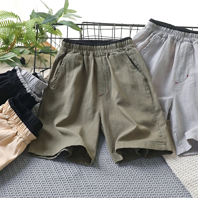 Children's Cotton and Linen Shorts Loose Fit Knee-Length Pants Versatile Summer Pure Cotton Japanese Style Solid Color Boys' Cotton and Linen Shorts