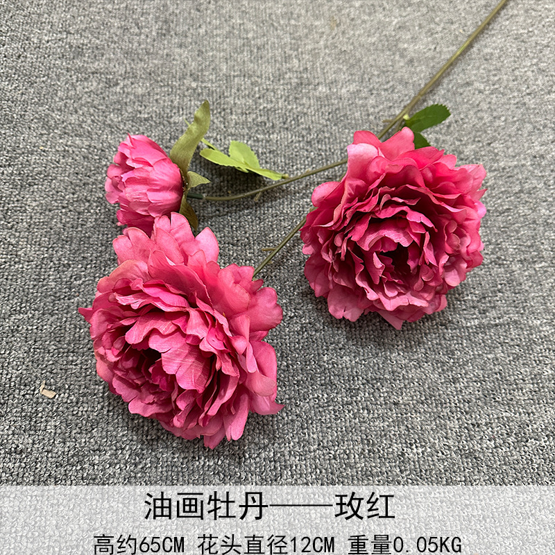 Flores artificiales de peonía de 3 cabezas, estilo Luoyang, pintura al óleo, flores falsas para decoración de bodas, salones, hogares y hoteles.