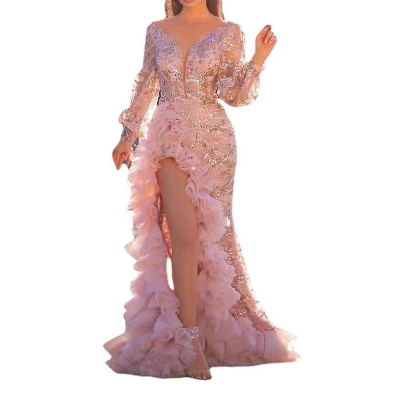 Vestido de Noche Largo de Lentejuelas Rosa, Estilo Europeo y Americano 2025, Sexy y Ajustado, para Sitio Web Independiente de Amazon