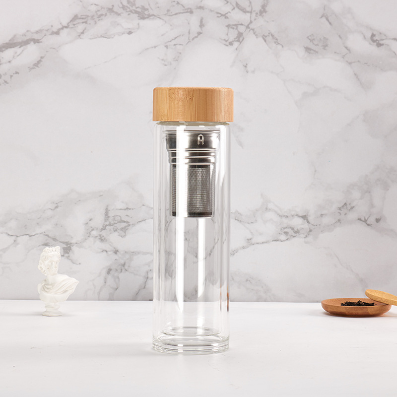 Taza de doble vidrio de bambú transfronteriza 304 acero inoxidable separación de té con cuerda portátil regalo de reunión anual se puede personalizar