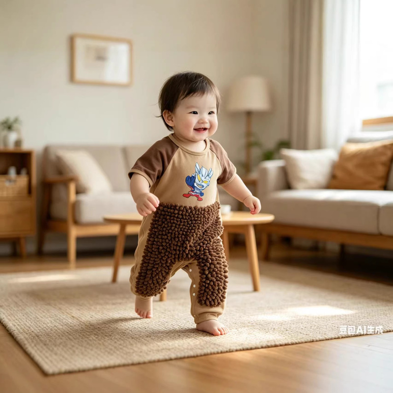 Baby Crawling Suit with Knee Pads, One-Piece Coverall for Cleaning Floors, Stain-Resistant, Autumn and Winter, Quirky Mop Man Jumpsuit