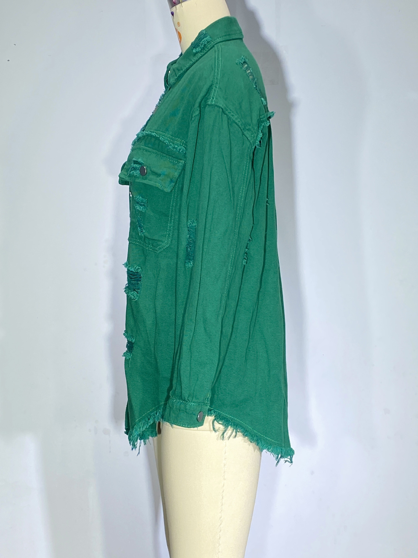 Giacca di jeans donna con volant strappata bavero manica lunga_voghion.com