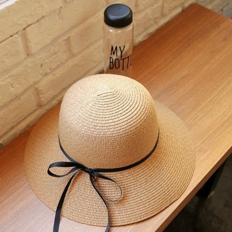 Women's Straw Hat Spring Summer Outdoor Sunshade Breathable Beach Cap With Black Ribbon Bow Casual Streetwear_voghion.com