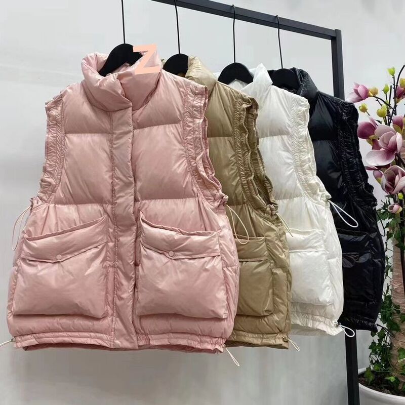New white duck down short down vest, fashionable and loose-fitting, sweet and fresh style, stand-up collar short coat, new for autumn