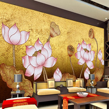 金色荷花壁纸佛堂禅意墙纸寺庙茶室中式莲花客厅电视背景墙壁画布