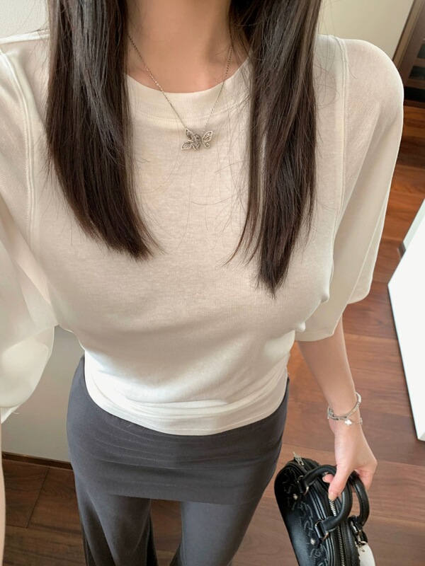e go studo 天丝亚麻宽袖显软糯垂显瘦T恤女夏简约时尚百搭上衣|undefined