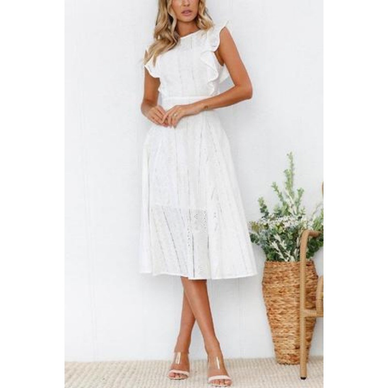 欧美外贸2025新款连体沙滩长裙海边度假纯色蕾丝小荷叶边连衣裙