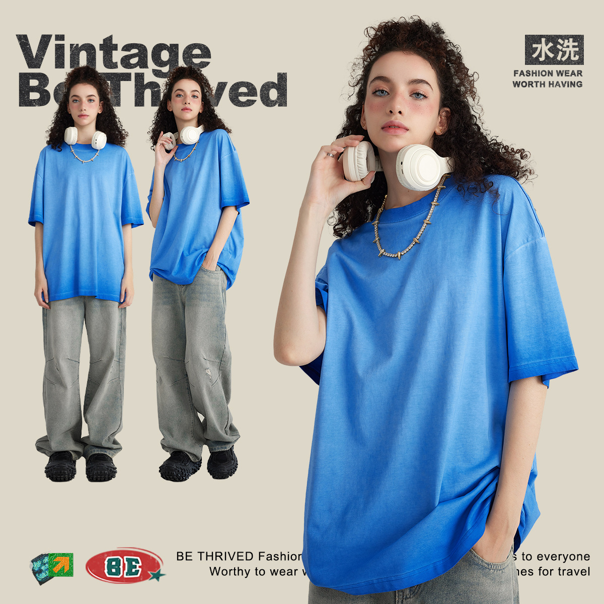 BE ropa de hombre American retro dopamina cuello redondo algodón de manga corta marca de moda juvenil lavado degradado ropa de manga corta hombres