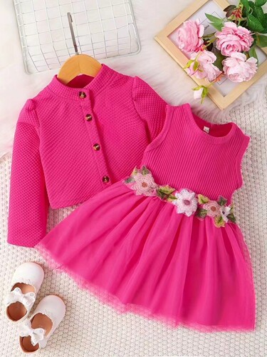 INS Baby Girl Waist Flower Design Splicing Net Fabric Dress Coat with Flower Embroidery
