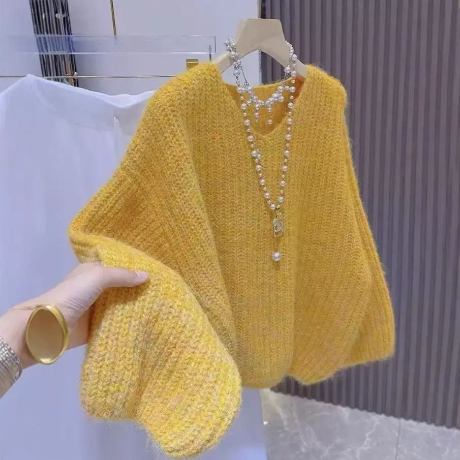 秋冬韩版新款慵懒风宽松加厚长袖毛衣女设计感V领软糯百搭针织衫