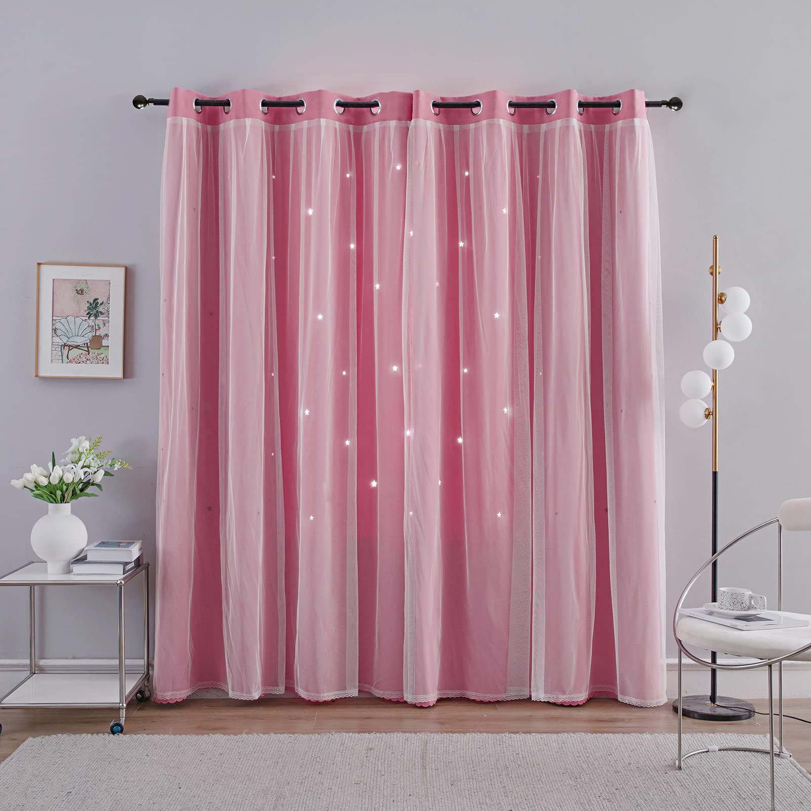 double layer curtains hollow star blackout rod punching short curtains_voghion.com