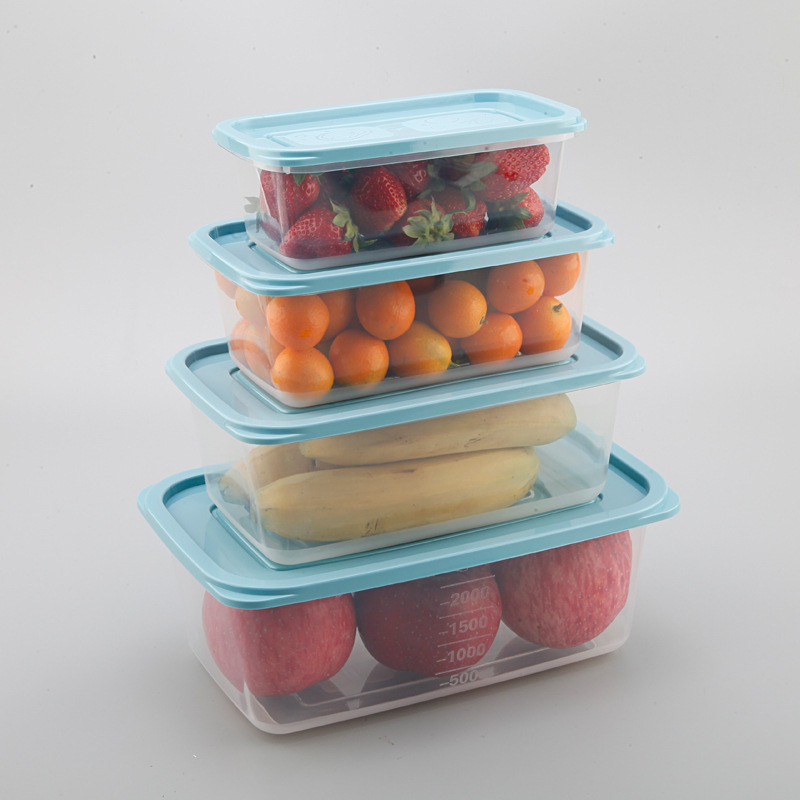 Refrigerador de plástico transparente rectangular de cuatro piezas caja de almacenamiento sellada combinación de caja de alimentos refrigerados para el hogar