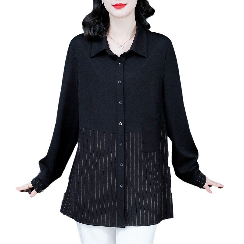 2024 Spring/Summer New Large Size Loose Long sleeved Chiffon Slimming Striped Cardigan Shirt Top for Middle aged and Elderly Women's Wear