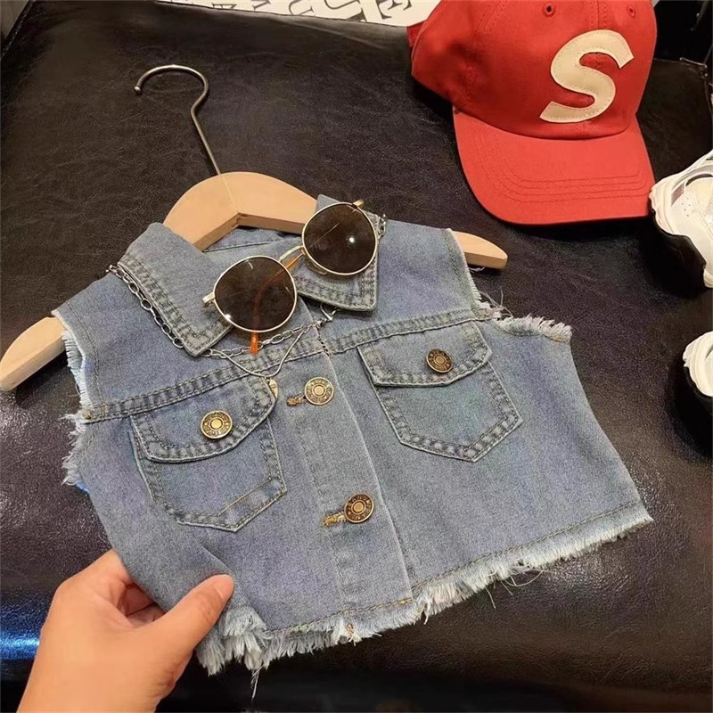 2024 서양식 여름 새로운 한국 스타일 소녀의 오래된 데님 소매 스커트 세트 소녀의 귀여운 데님 투피스 세트