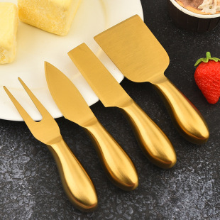 Stainless Steel Cheese Knife Set Household Cake Cheese Knife Fork Shovel Butter Pizza Knife Golden Cheese Knife 4-Piece Set