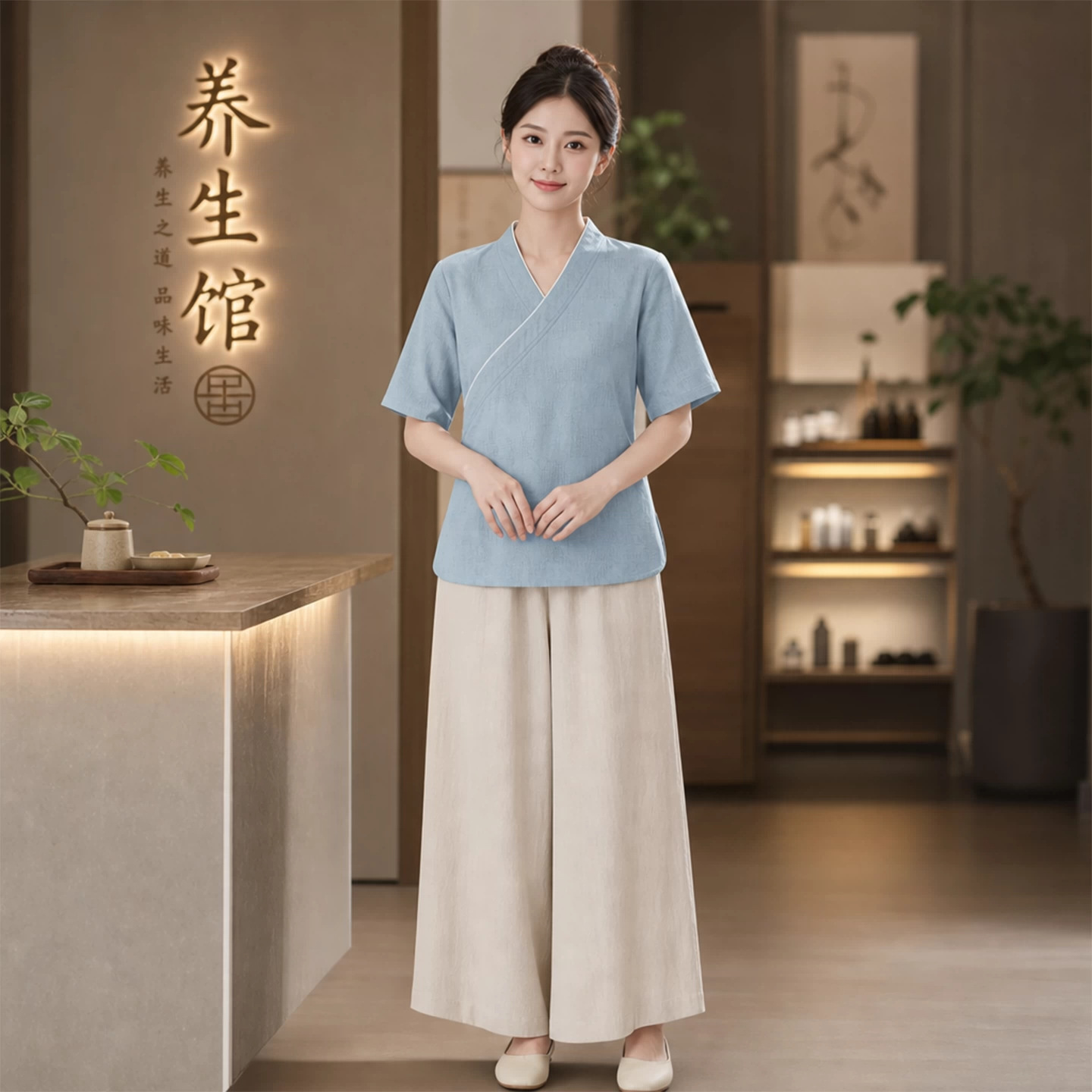 中医养生馆工作服短袖棉麻提花套装艾灸理疗采耳推拿师服可定logo