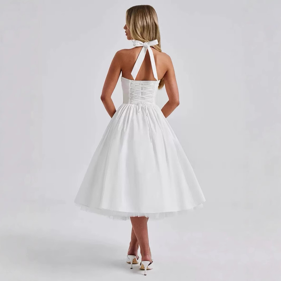 French Halter Neck Backless Dress Sexy Tie Up Midi Skirt Mesh Fabric Women's Clothing New_ecoleips.com
