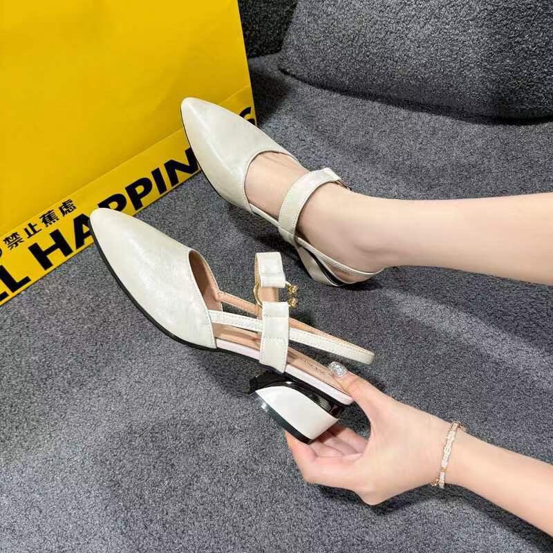 Sandal cao gót nữ mũi nhọn da thật, gót vuông 5 cm, quai ngang hở gót — Kaki-cao gót 5 cm chi tiết 8