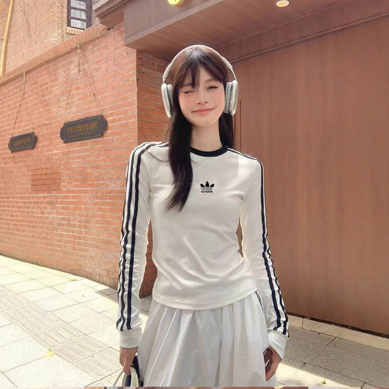 Clover Embroidered Spring & Fall Long-Sleeved T-Shirt Outer Layering Shirt Slim Round Neck Slim Stripesd Thin Sweatshirt for Women