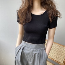 嘉织丨早秋针织短袖女法式复古纯色修身打底t恤女款上衣B7168