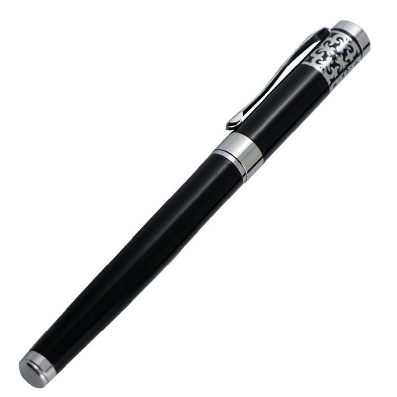 Black business pen with engraved metal body, smooth-writing 0.5mm steel nib, neutral ink, suitable for office use and signing documents