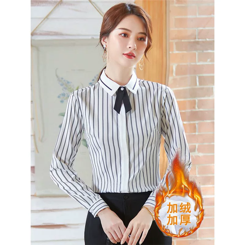 Бархатная утолщенная рубашка с вертикальными полосками, женская рубашка с длинными рукавами, осенне-зимняя новая профессиональная одежда, элегантная теплая рабочая одежда, рубашка, рабочая одежда