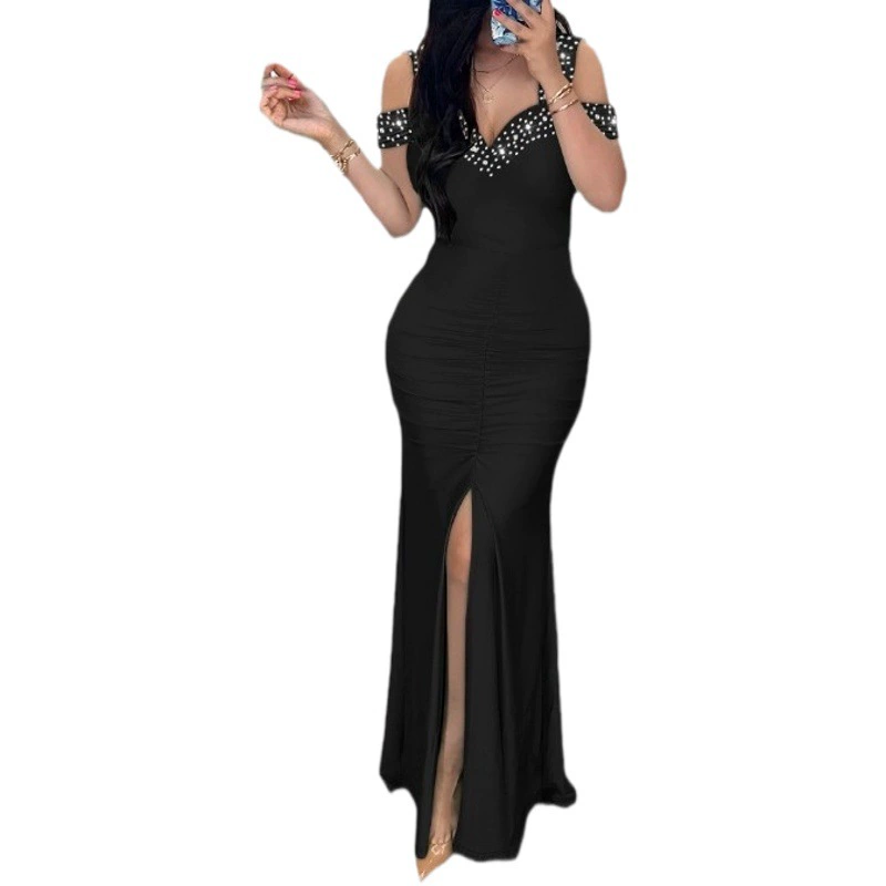 2023 Женская одежда для европейской и американской внешней торговли, элегантное тонкое платье с разрезом и высокой талией со стразами и открытыми плечами