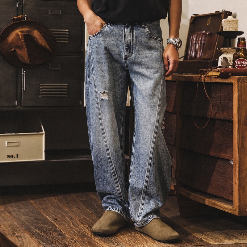 American Retro Ripped Jeans for Men, Spring Trendy Brand Heavy Wash Wide-Leg Pants, Loose Straight Casual Scimitar Pants for Men