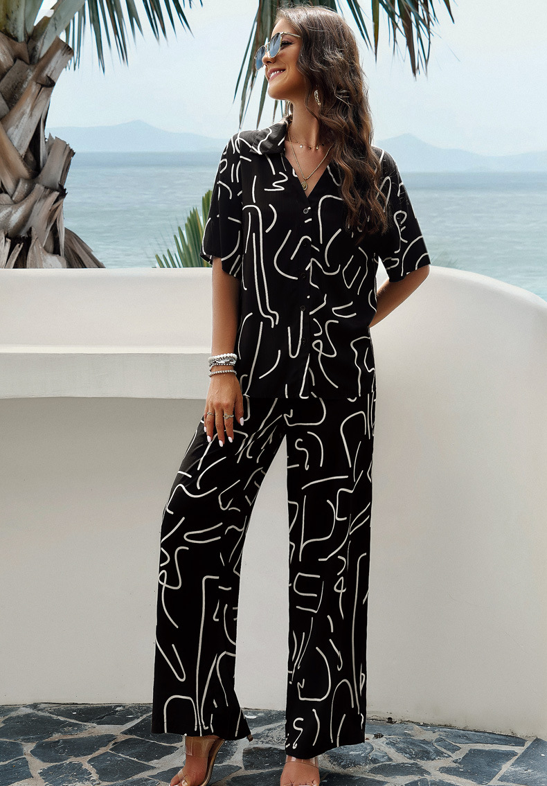 315g Weight Half Sleeve Sleeve Length Spandex Fabric Type Pant Co-ord Set Sets Type 2 Pieces Set Quantity Daily, Beach Occasion Turndown Neckline Slim Fit Type Printing, Geometric Pattern Summer Season Women's Gender Vacation Style Daily Beach Women's Vacation Printing Geometric Spandex Pant Co-ord Set Pants Sets 17