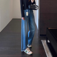 烫钻 品质牛仔裤高腰宽松显瘦直筒阔腿裤女2025秋冬季新款G090109