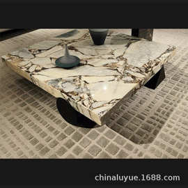 现代简约天然奢石圆餐桌轻奢茶几大理石托盘水墨印象茶几