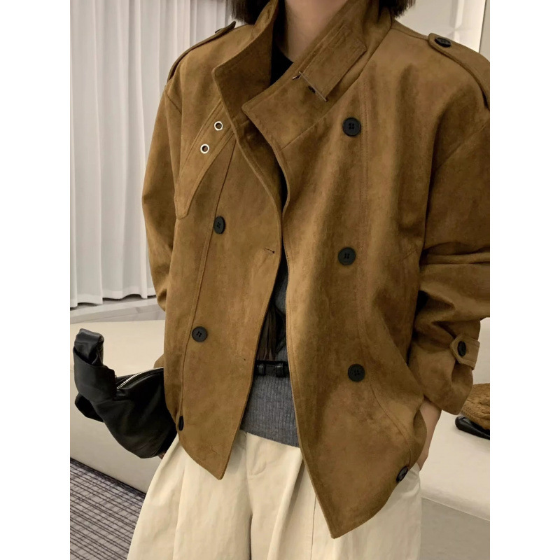 2025秋新款高级感时尚复古麂皮绒短款风衣外套女