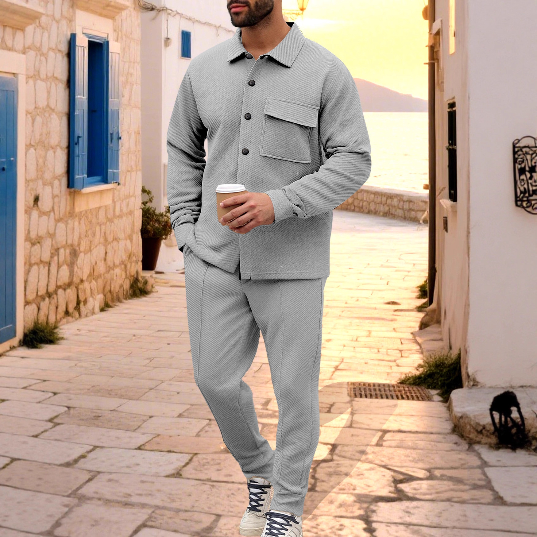 Nuevo otoño y invierno comercio exterior transfronterizo estilo americano pesado ropa de hombre retro casual jacquard con solapa hombre chaqueta delgada set