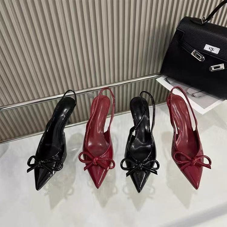 Red Patent Leather Pointed Toe High Heels 2025 Spring New Style Bow Decorated High Heels One-Line Back Hollow Toe Women's Shoes