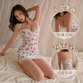 纯欲樱桃吊带裙性感睡衣女夏包臀碎花睡裙蕾丝边聚拢显瘦情趣内衣