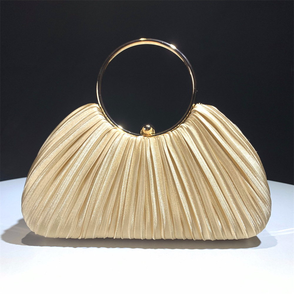 New Satin Pleated Evening Dress Ring-Shaped Clutch Evening Gown Handbag Ball Party Shoulder Bag for Women