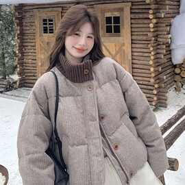针织拼接条纹面包服时尚立领保暖棉衣女今年流行气质冬季棉服